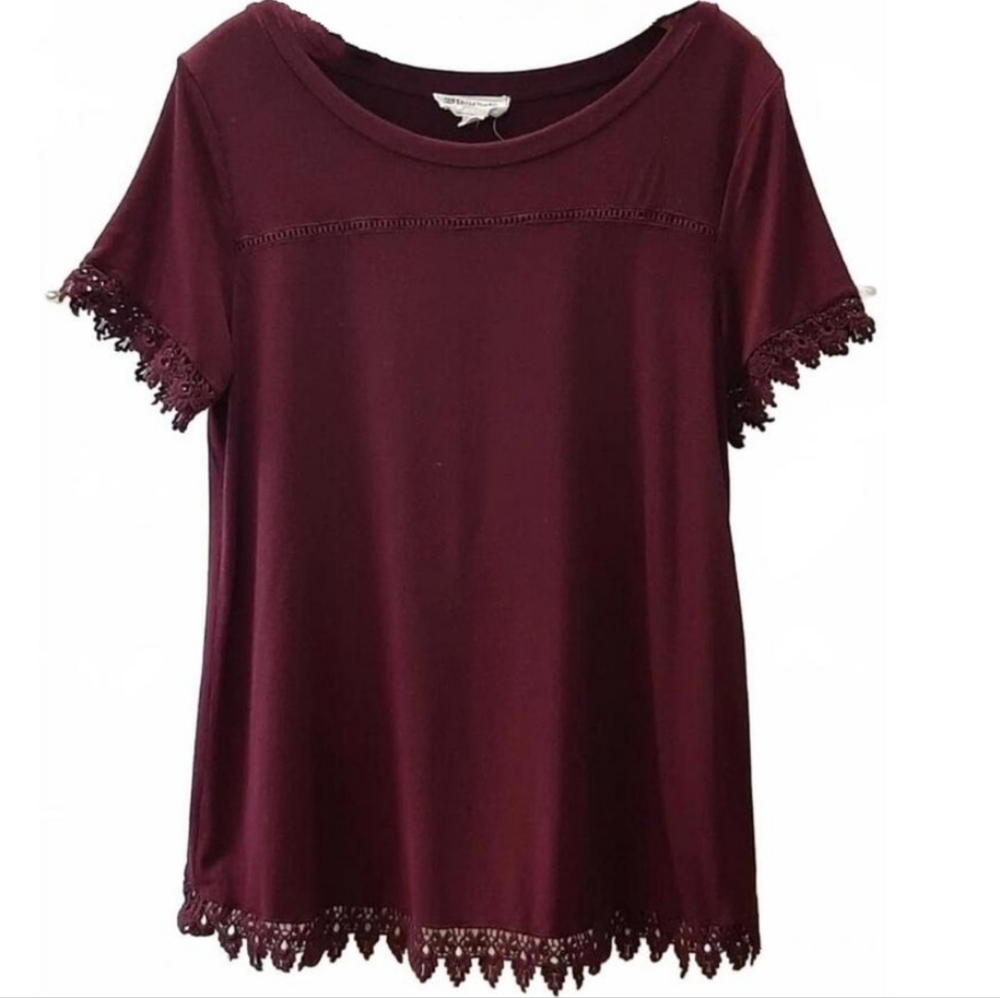 Coverstitched  Burgundy Lace Trim Tunic Top